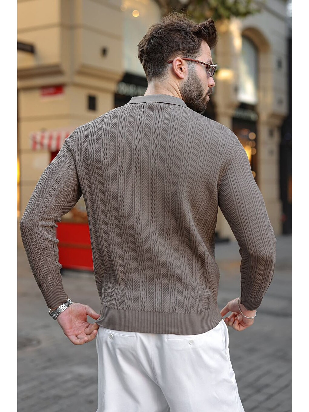 Açık Kahverengi Düğmeli Polo Yaka Desenli Over Fit Erkek Triko Kazak E7520-1