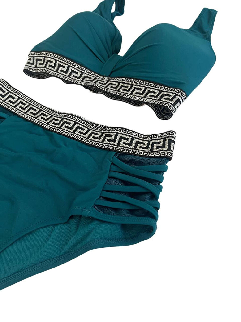 Kadın Yeşil Yüksek Bel Yanları Şerit Detaylı Desenli Lastikli Destekli Bikini Takımı HZL25S-LC201-2