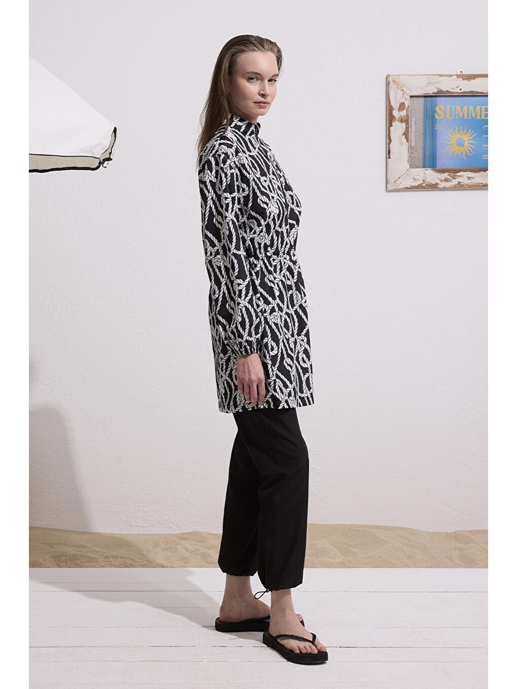 Paraşüt Beli Büzgülü Tesettür Mayo Takım Siyah-8