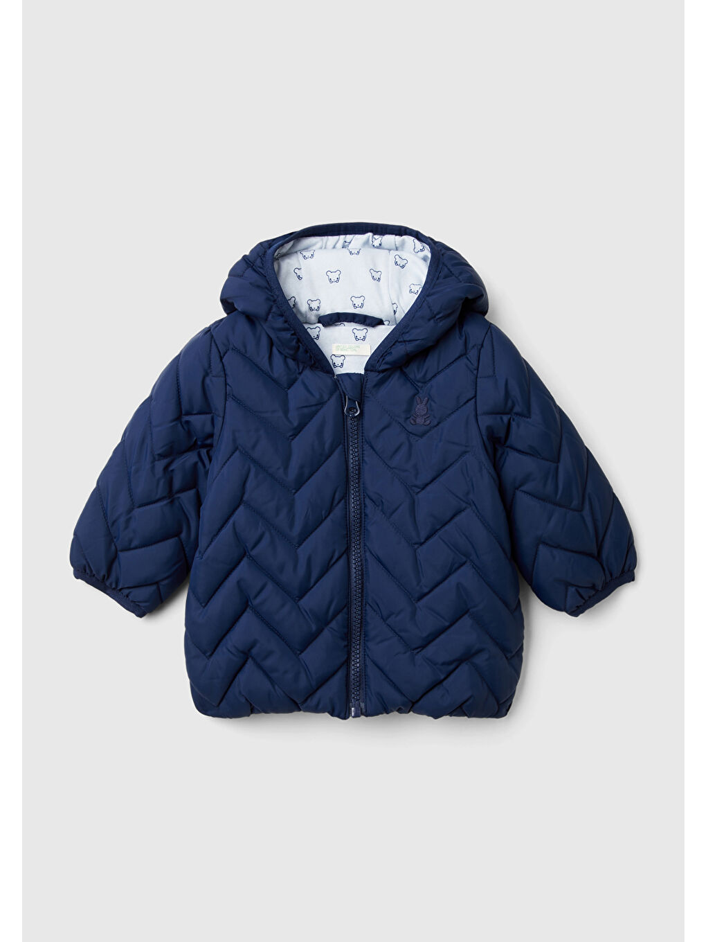 Bebek Lacivert Göğsü Logo Baskılı Zikzak Desenli Kulaklı Kapüşonlu Mont