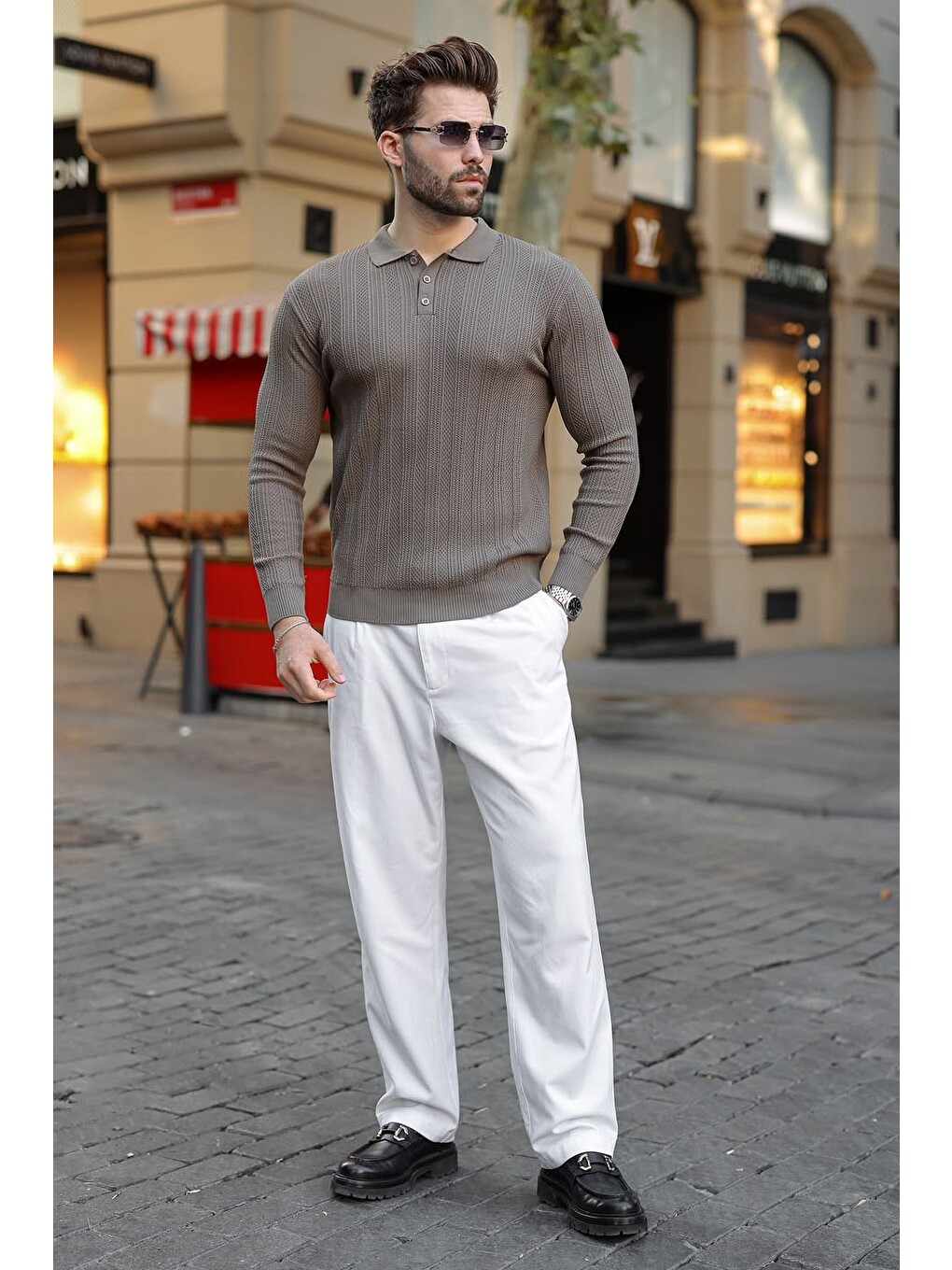Açık Kahverengi Düğmeli Polo Yaka Desenli Over Fit Erkek Triko Kazak E7520-4