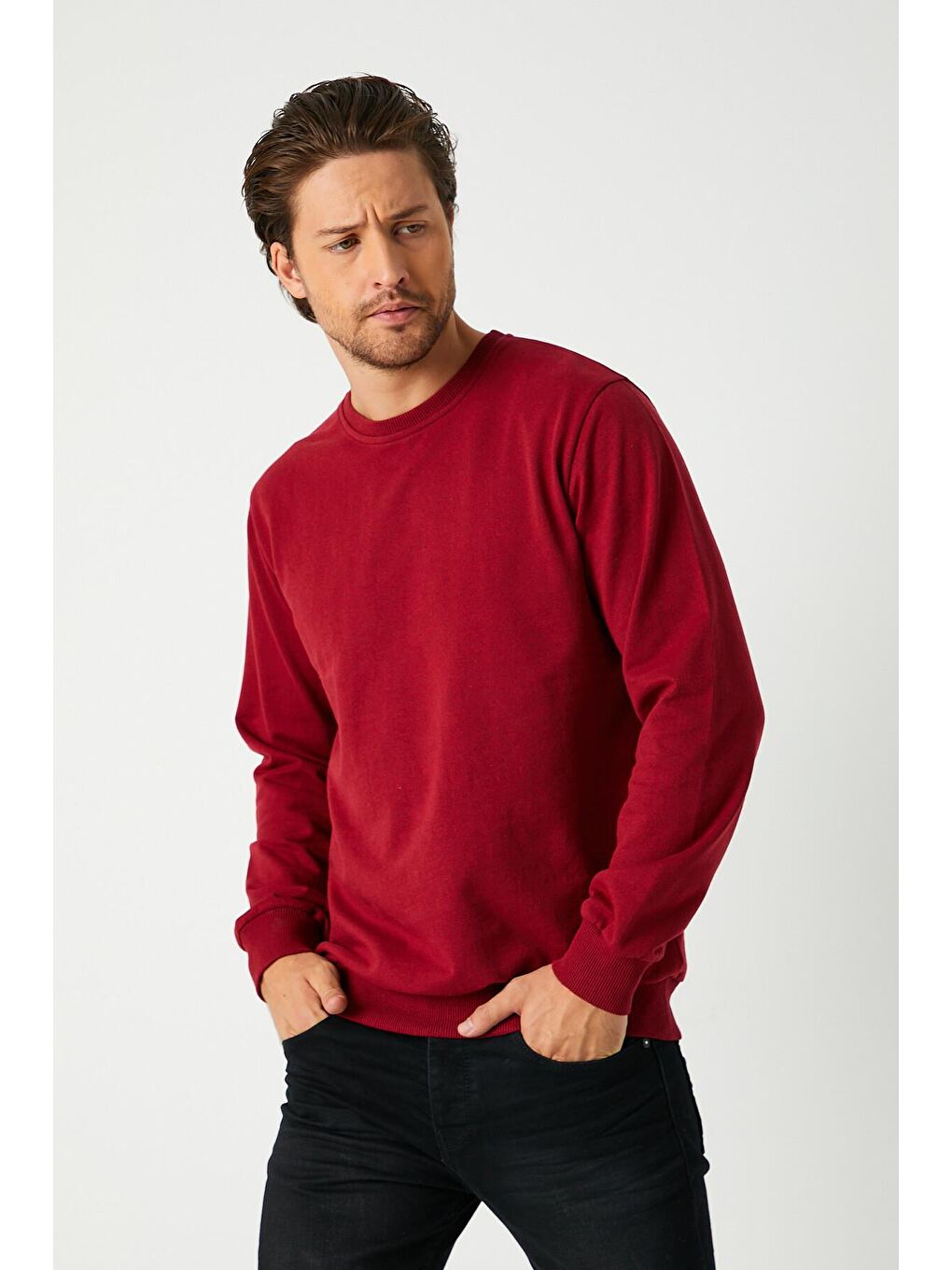 MMETALIC Bordo Erkek Bordo Basic Bisiklet Yaka Sweatshirt