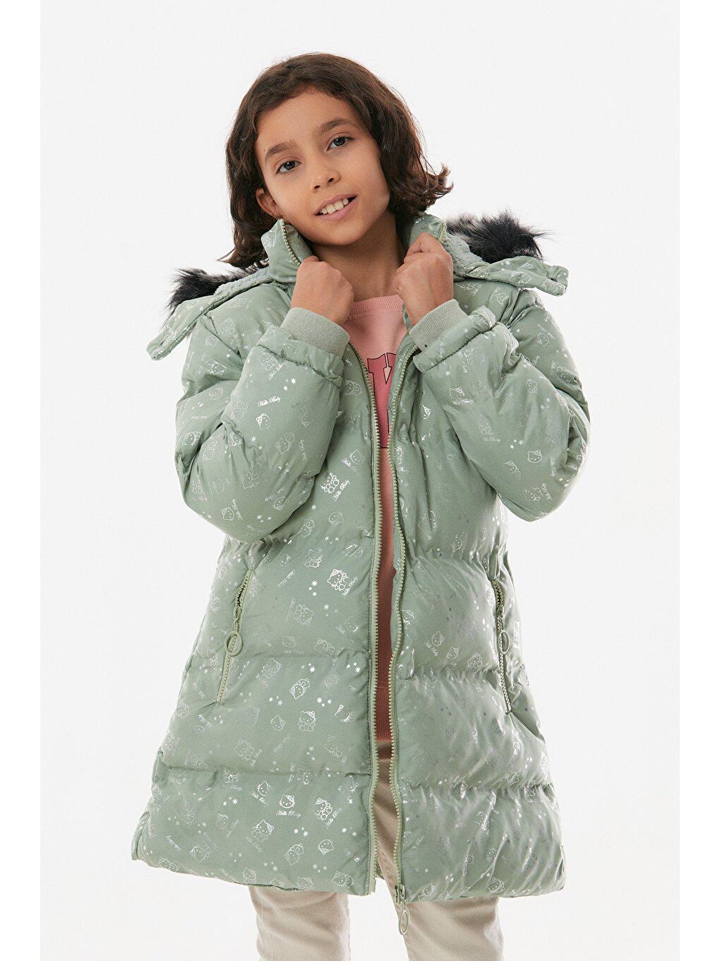 Turkuaz Hello Baby Baskılı Kız Çocuk Şişme Mont-1