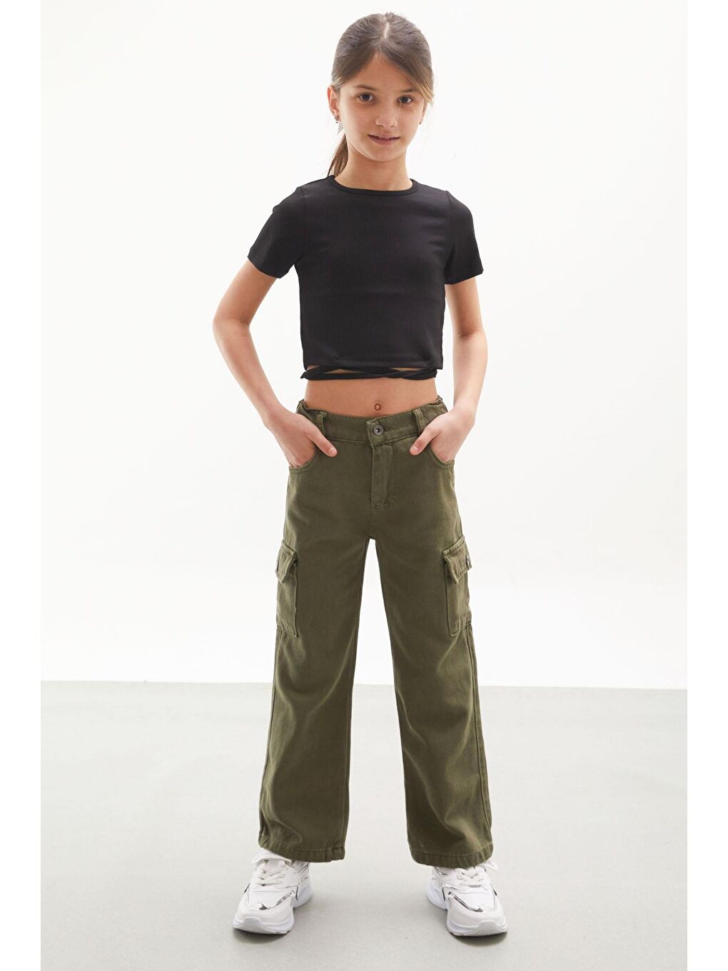 Haki Kargo Cepli İspanyol Paça Kız Çocuk Jean Pantolon-2