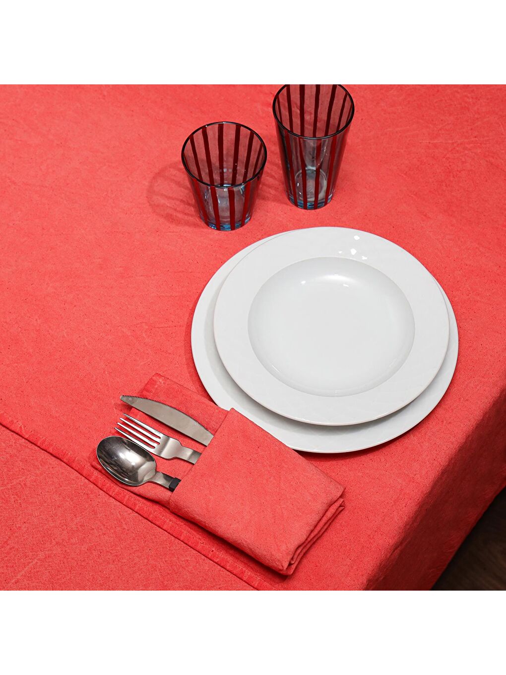 Taşlanmış Mercan Denim Pamuk Masa Örtüsü-2