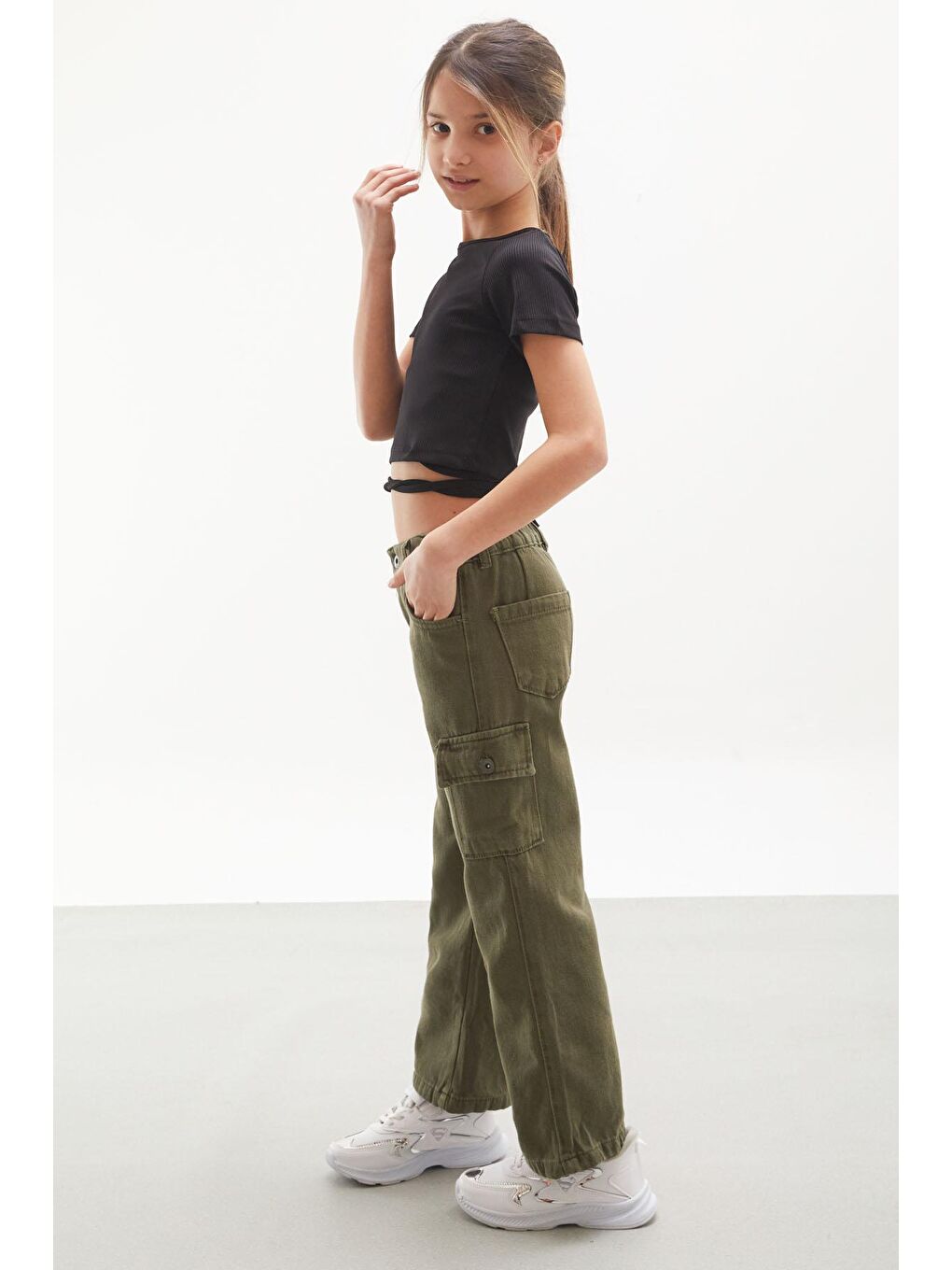 Haki Kargo Cepli İspanyol Paça Kız Çocuk Jean Pantolon-3