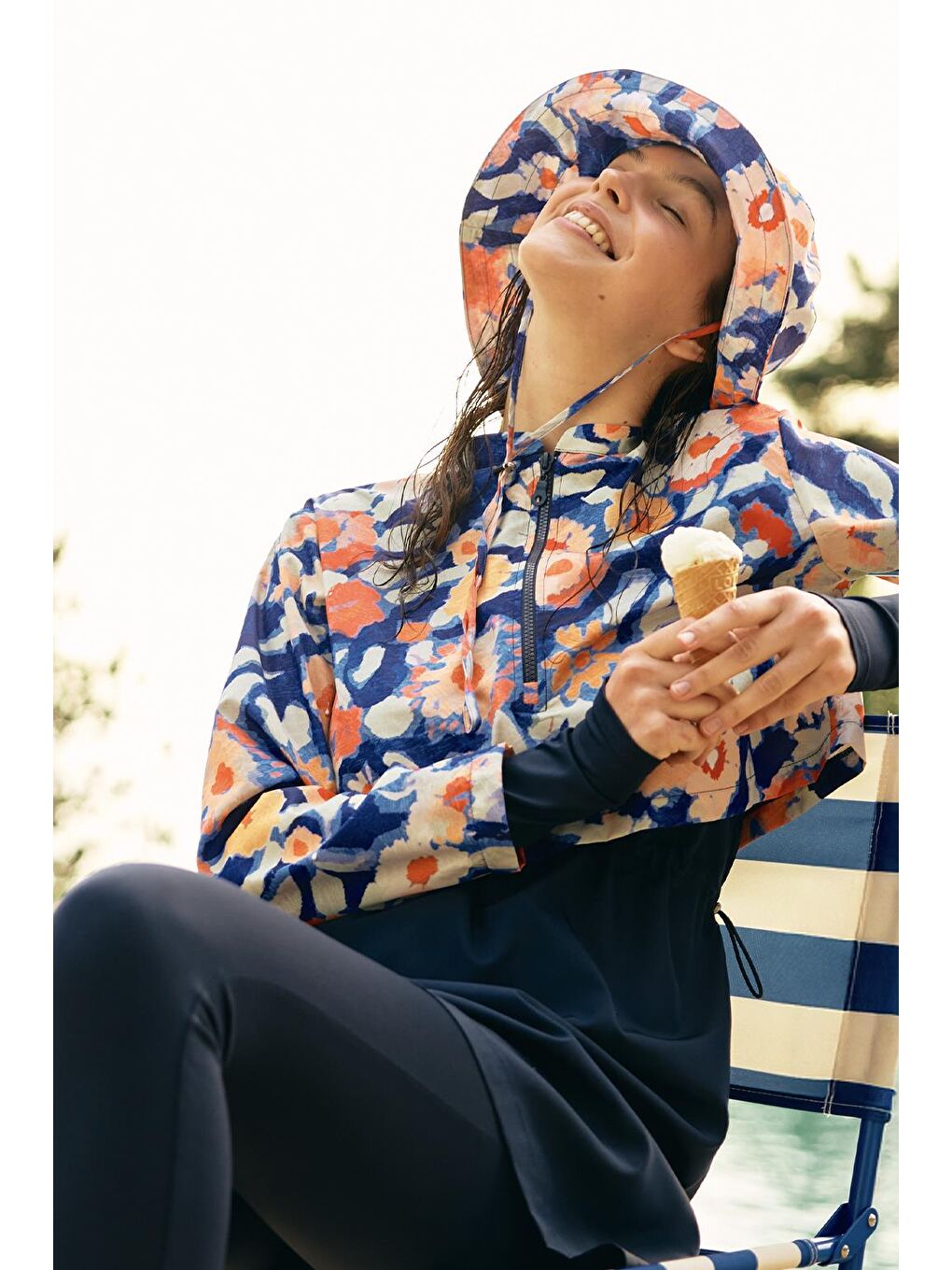 Paraşüt Renkli Desenli Çift Katlı Tesettür Mayo Takım Lacivert-2