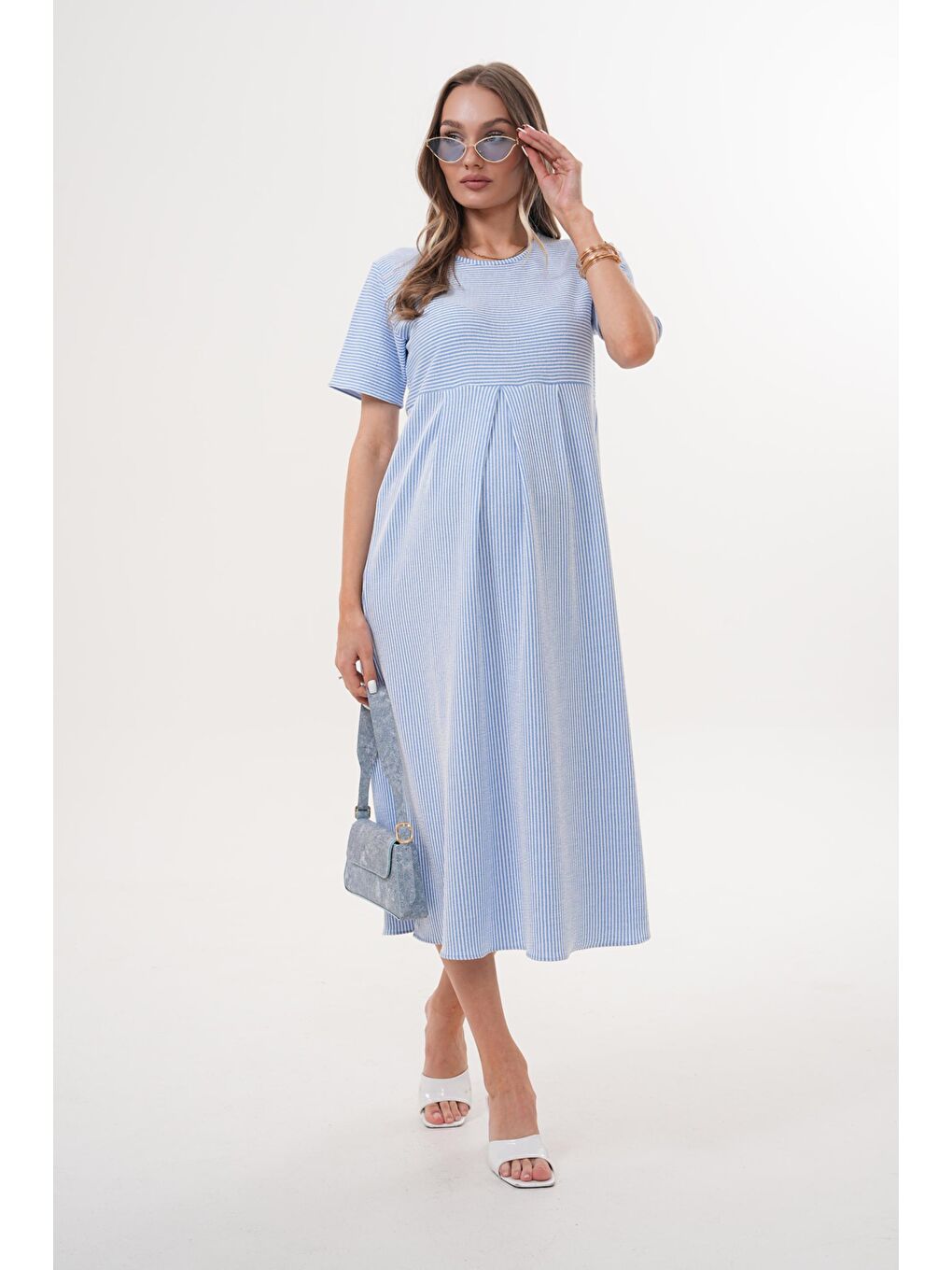 Mavi Beyaz Çizgili Hamile ve Lohusa Kısa Kol Uzun Elbise-2