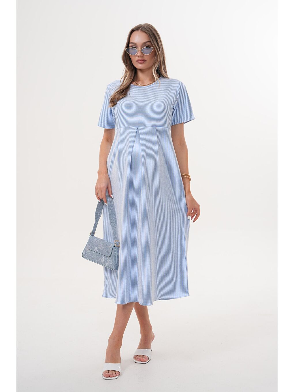 Mavi Beyaz Çizgili Hamile ve Lohusa Kısa Kol Uzun Elbise-3