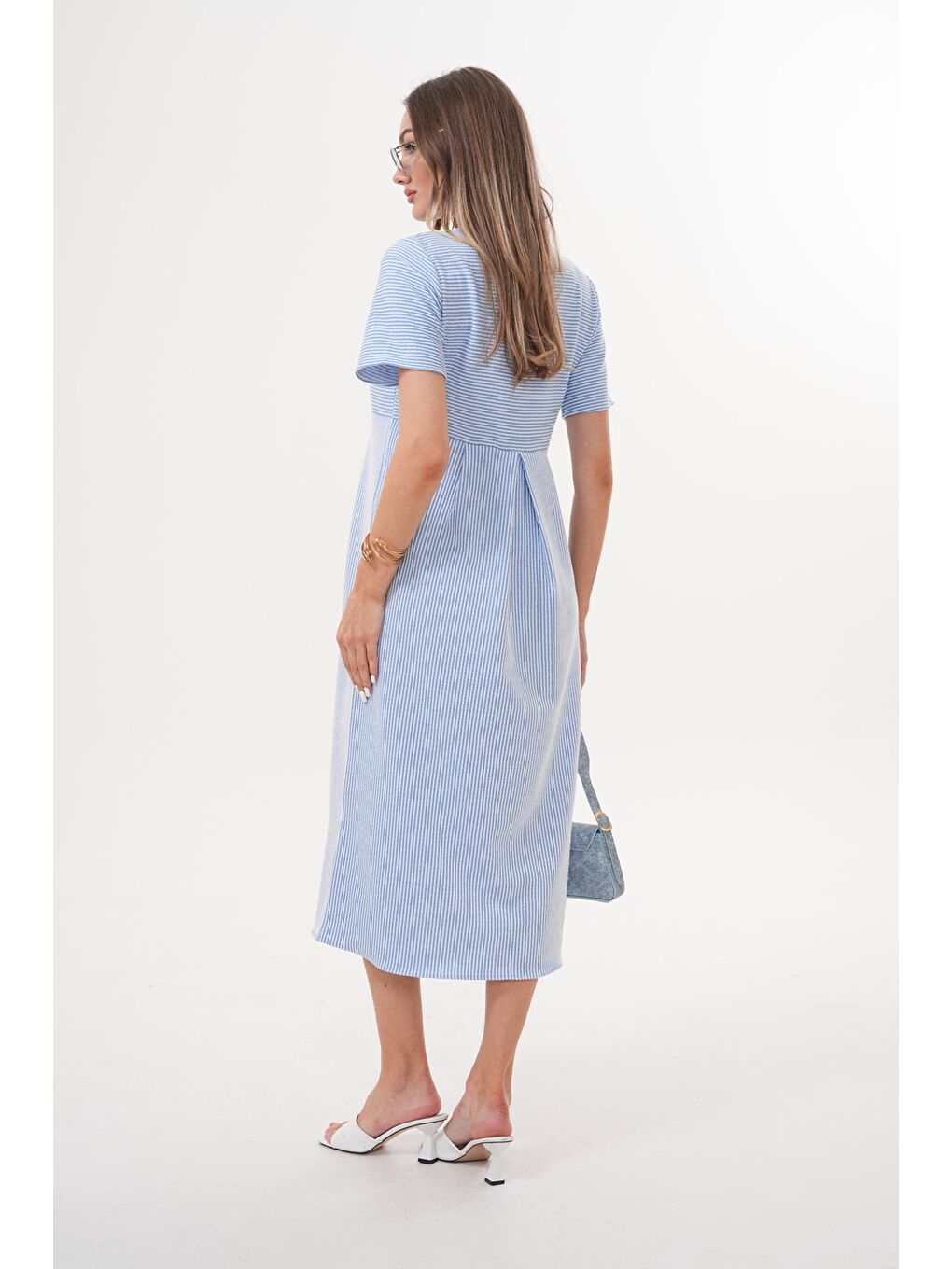 Mavi Beyaz Çizgili Hamile ve Lohusa Kısa Kol Uzun Elbise-4