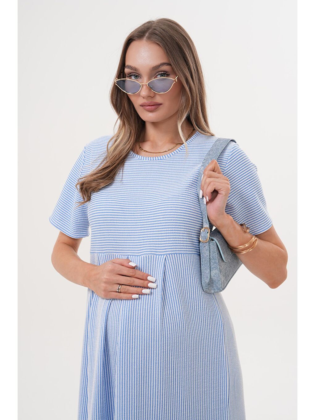 Mavi Beyaz Çizgili Hamile ve Lohusa Kısa Kol Uzun Elbise-5