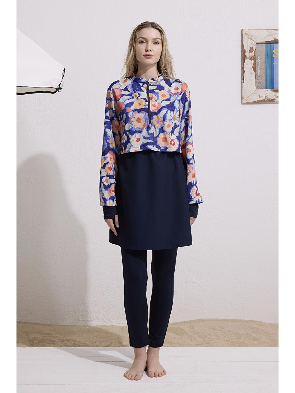 Paraşüt Renkli Desenli Çift Katlı Tesettür Mayo Takım Lacivert-7