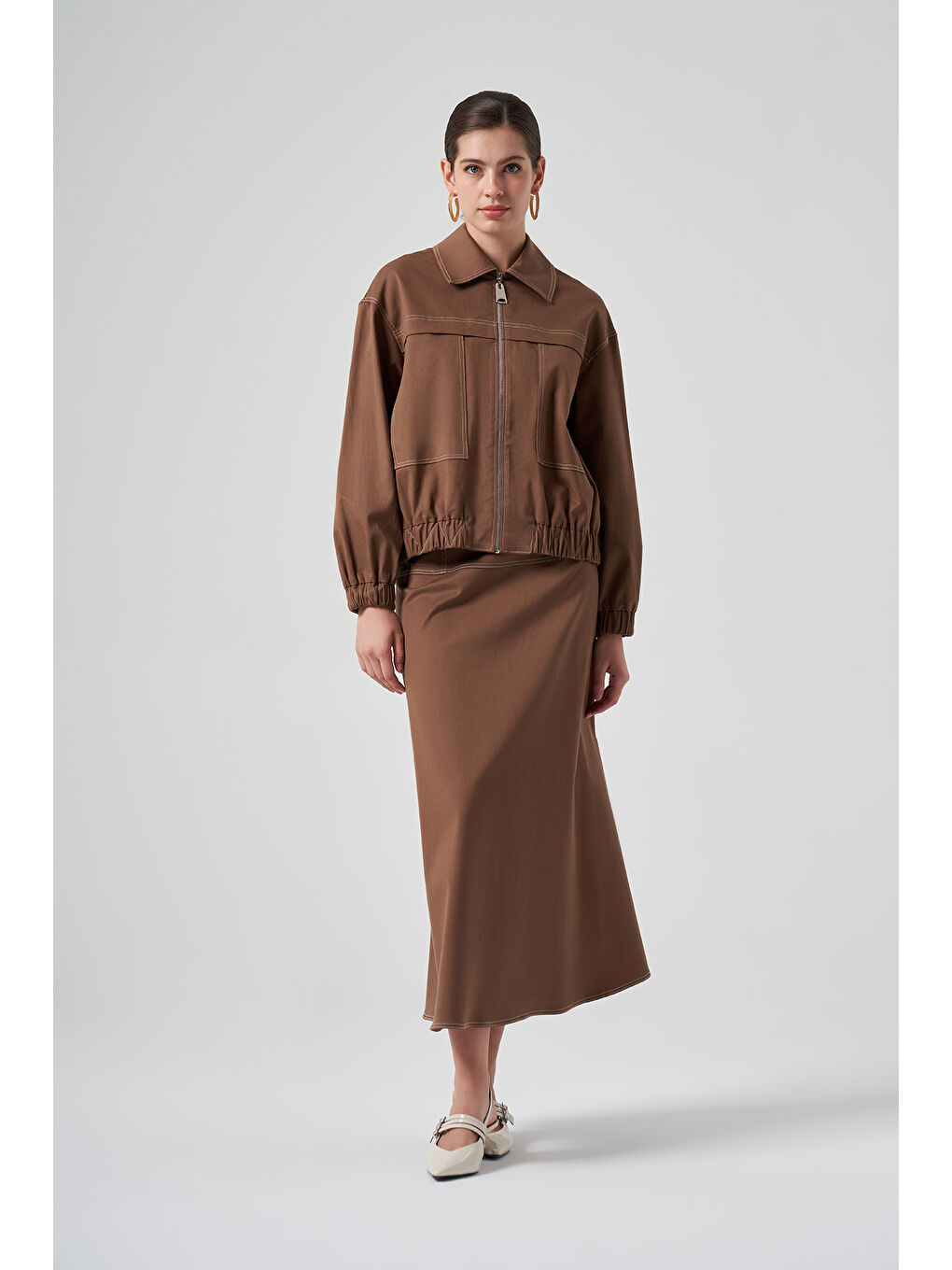 Kahverengi Fermuarlı Kısa Ceket 6027 Koyu Kahve-1