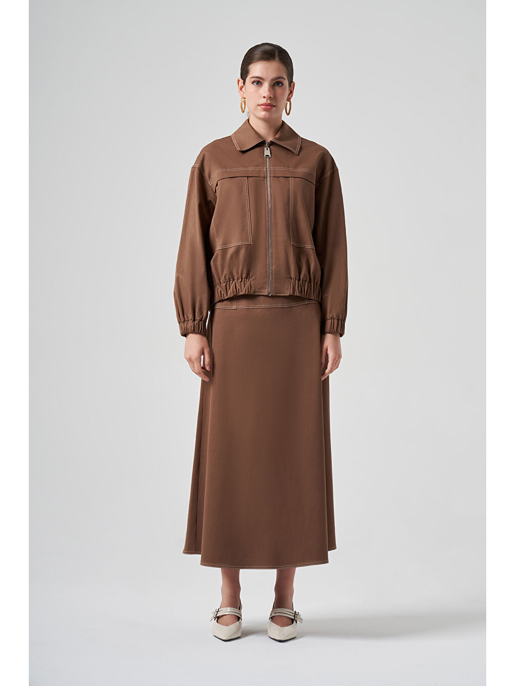 Kahverengi Fermuarlı Kısa Ceket 6027 Koyu Kahve-2