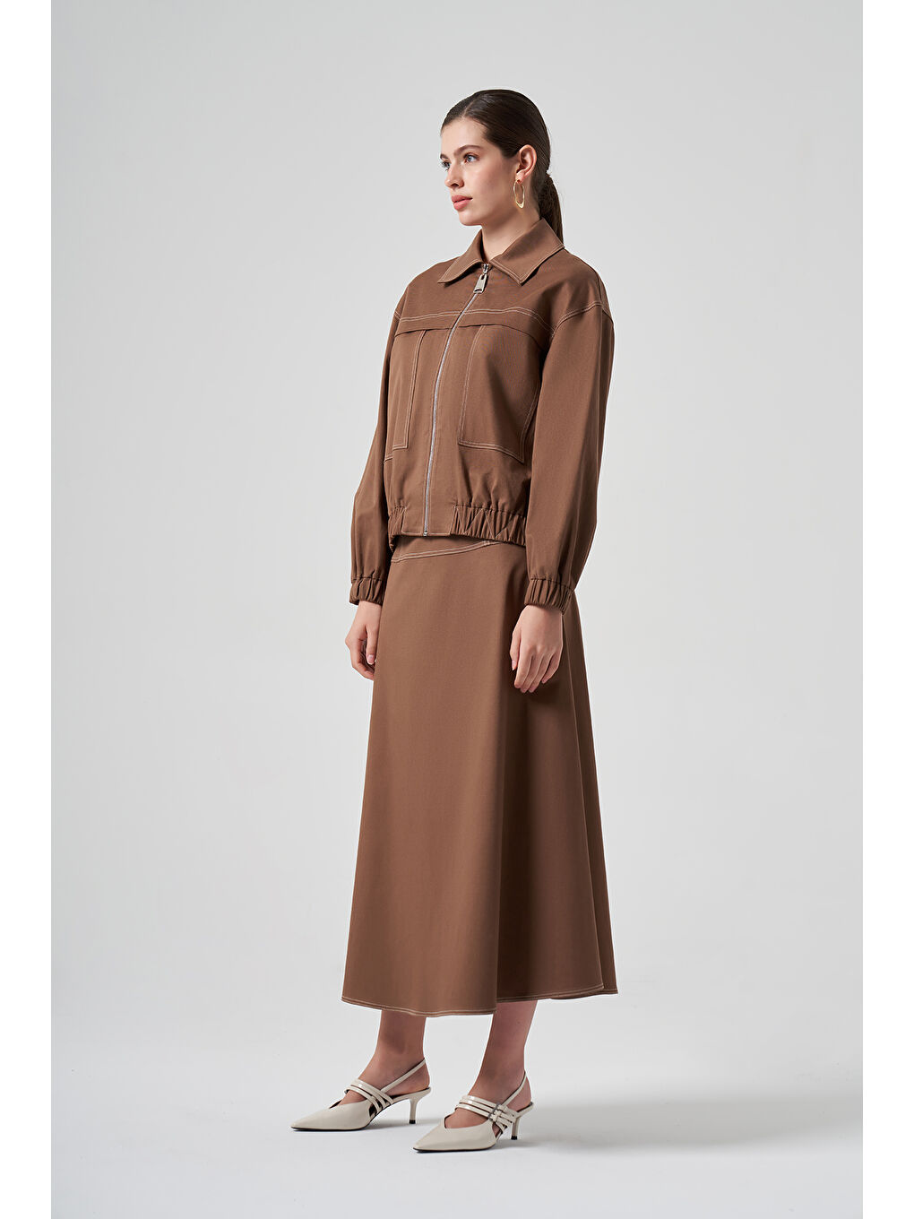 Kahverengi Fermuarlı Kısa Ceket 6027 Koyu Kahve-3