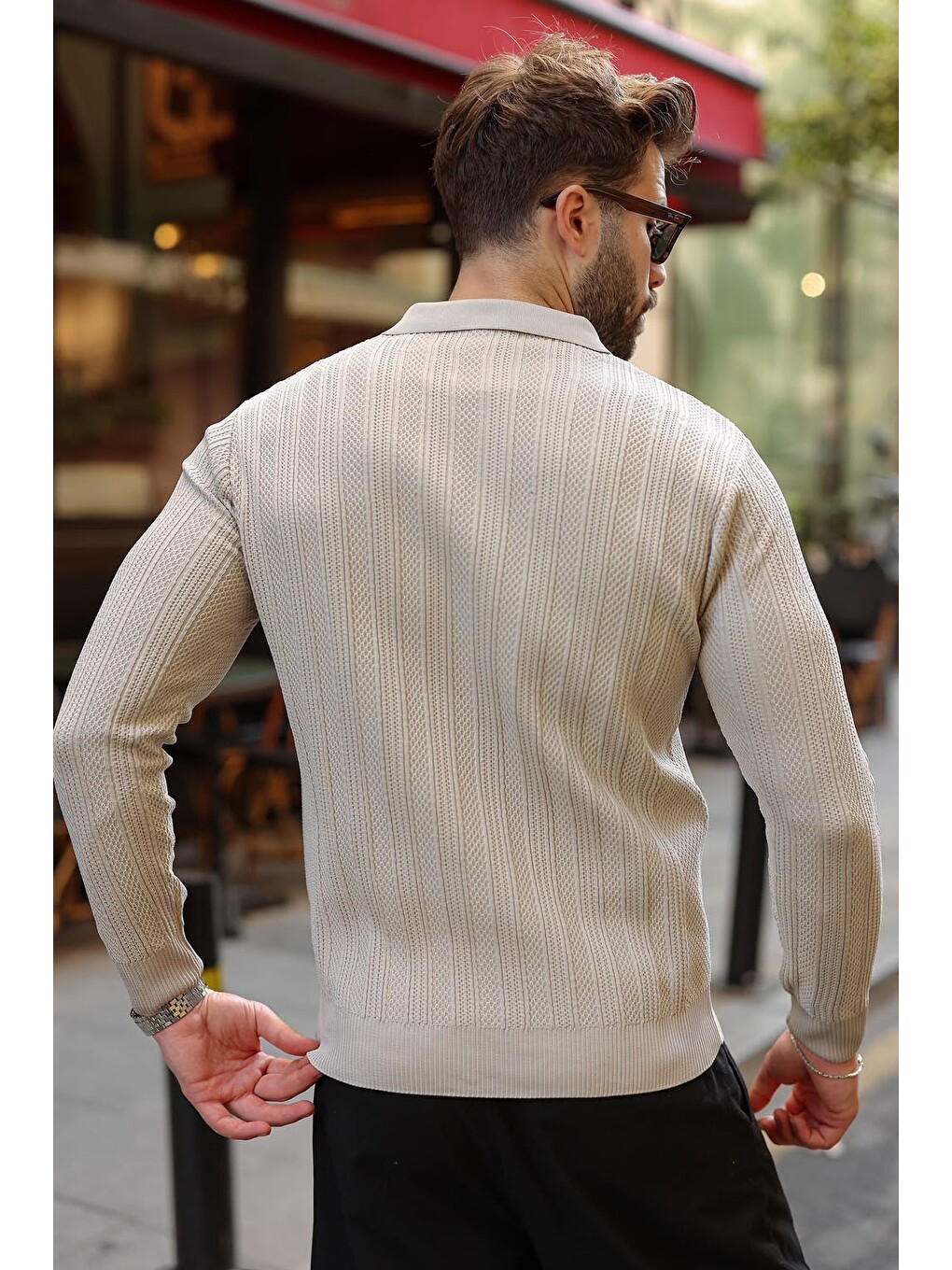 Bej Taş Rengi Düğmeli Polo Yaka Desenli Over Fit Erkek Triko Kazak E7520-1
