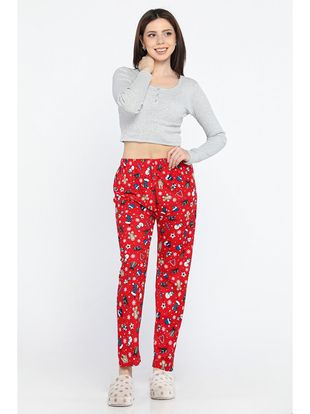 Kırmızı Kadın Desenli Polar Pijama Altı