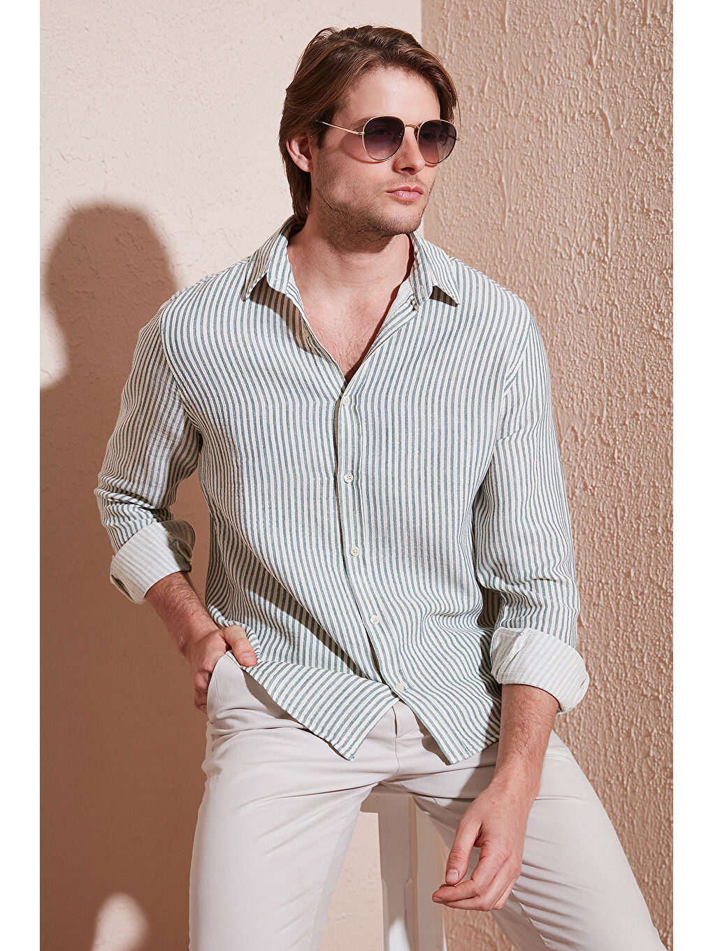 Haki Çizgili Regular Fit Pamuklu Uzun Kollu Erkek %100 Pamuk Gömlek CF25S129721