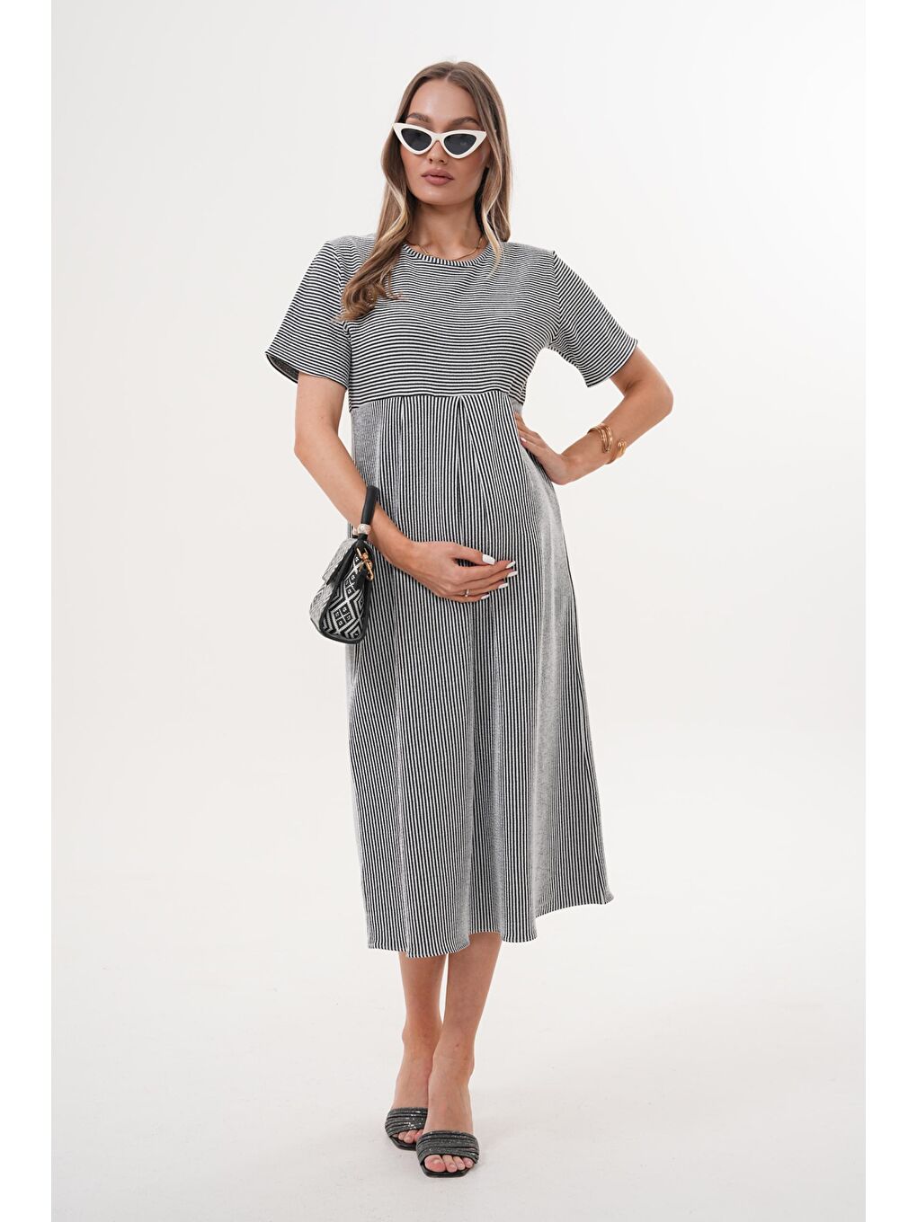 Siyah Beyaz Çizgili Hamile ve Lohusa Kısa Kol Uzun Elbise-1