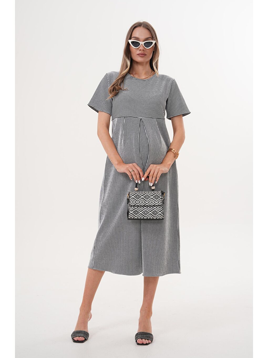 Siyah Beyaz Çizgili Hamile ve Lohusa Kısa Kol Uzun Elbise-2