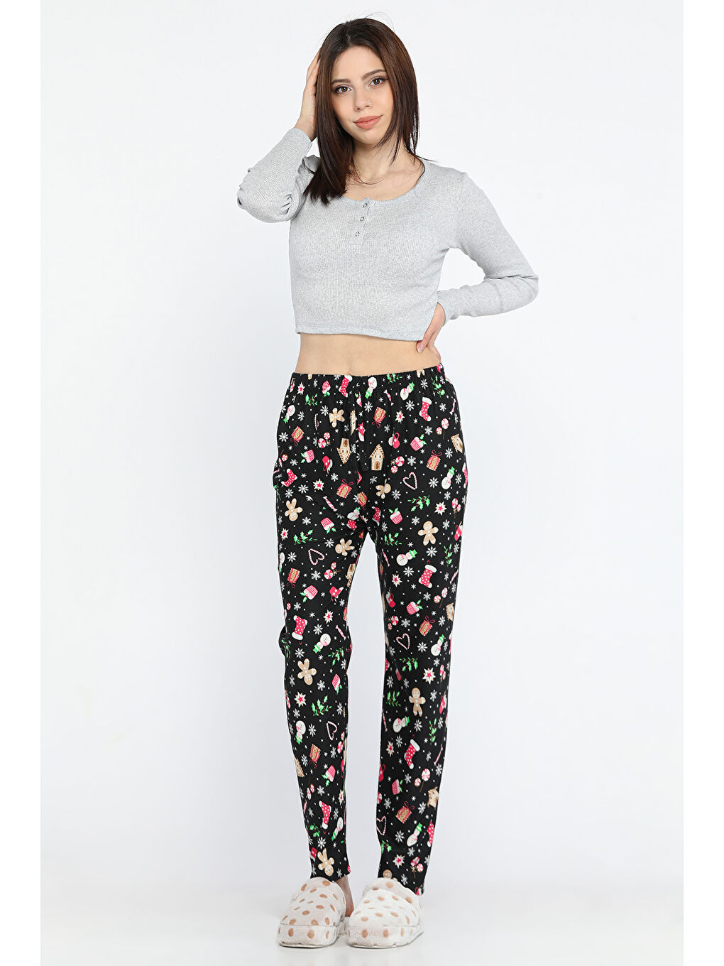 Siyah Kadın Desenli Polar Pijama Altı-1