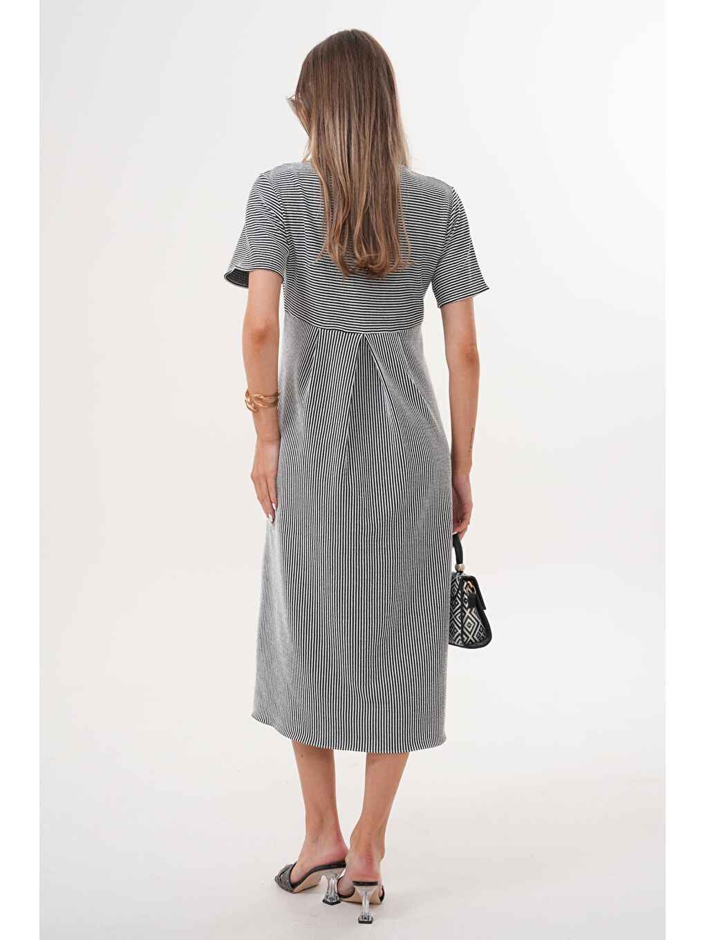 Siyah Beyaz Çizgili Hamile ve Lohusa Kısa Kol Uzun Elbise-4