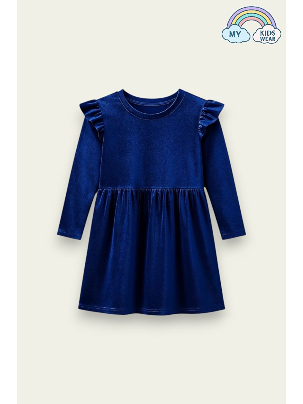 Mavi Kız Çocuk Uzun Kollu Fırfır Detaylı Kadife Elbise 3-10 Yaş 12113