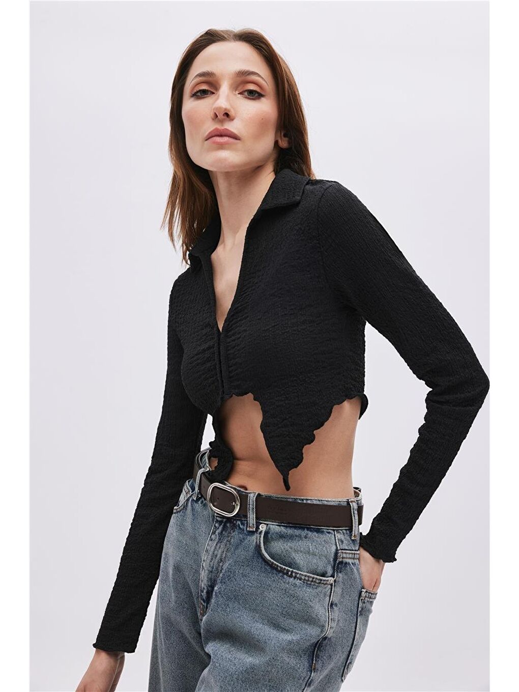 Siyah Asimetrik Kesim Crop Bluz-2