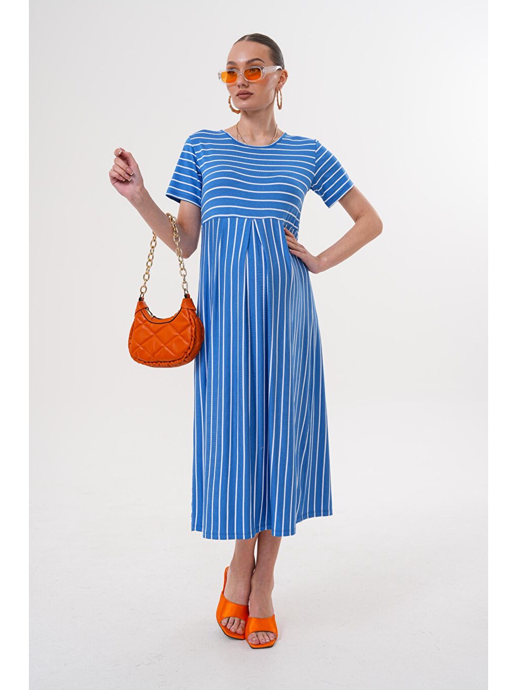 Mavi Saks Çizgili Hamile ve Lohusa Kısa Kol Uzun Elbise-1