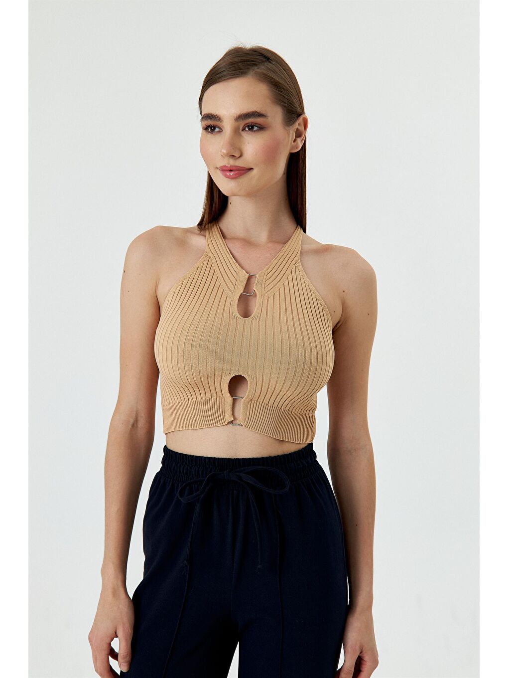 Fitilli Triko Bej Kadın Crop