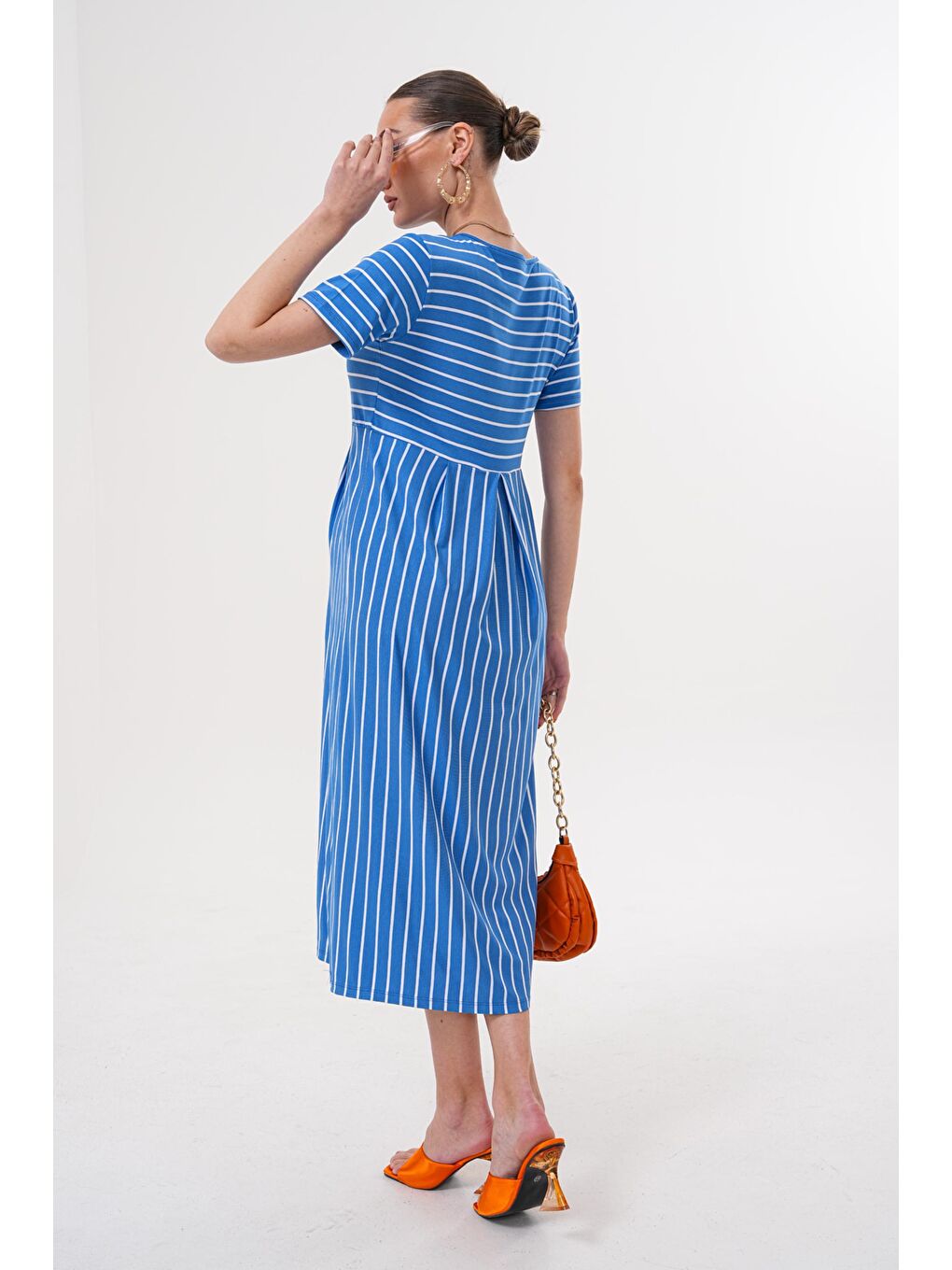 Mavi Saks Çizgili Hamile ve Lohusa Kısa Kol Uzun Elbise-2