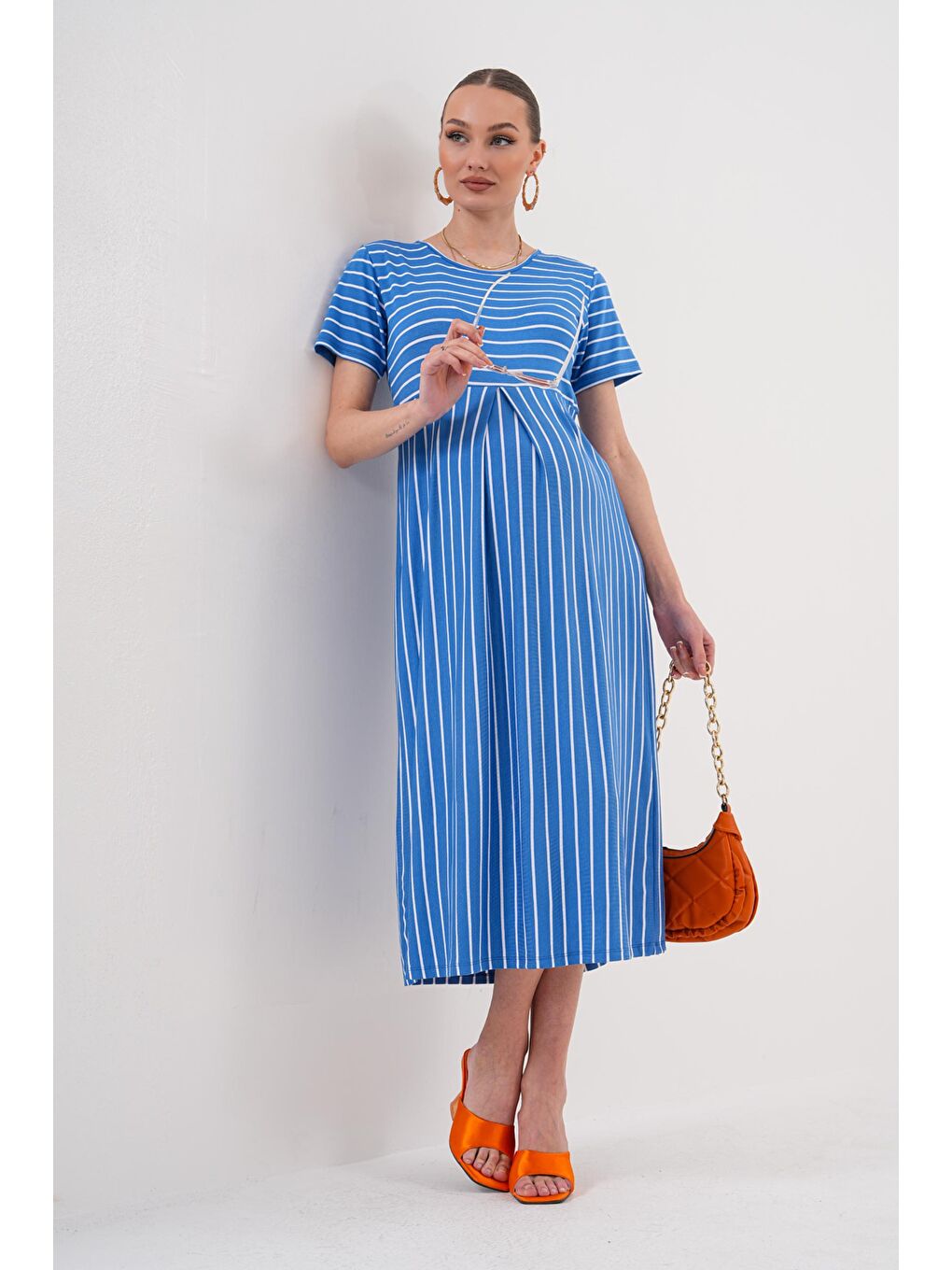 Mavi Saks Çizgili Hamile ve Lohusa Kısa Kol Uzun Elbise-3