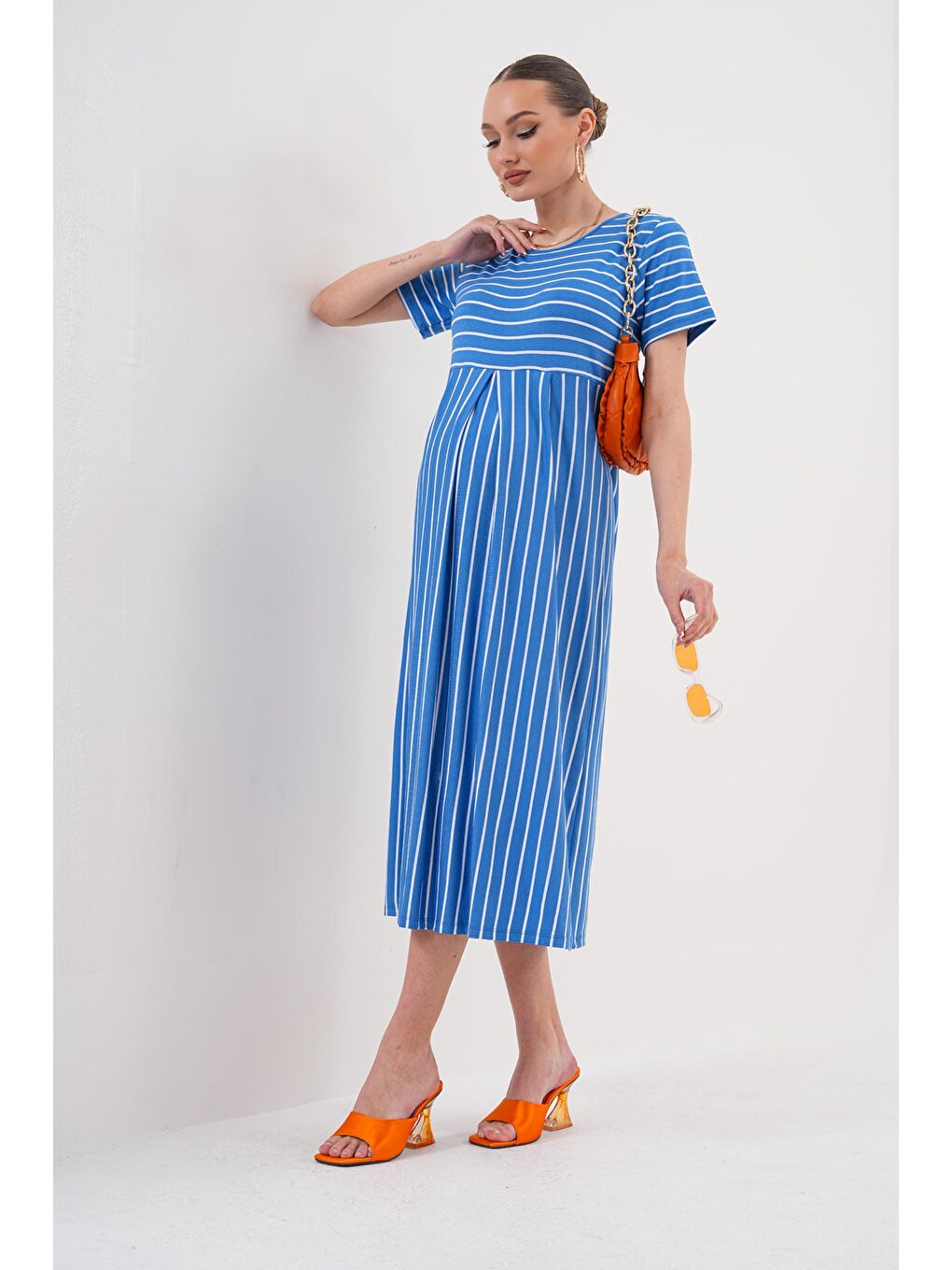 Mavi Saks Çizgili Hamile ve Lohusa Kısa Kol Uzun Elbise-4