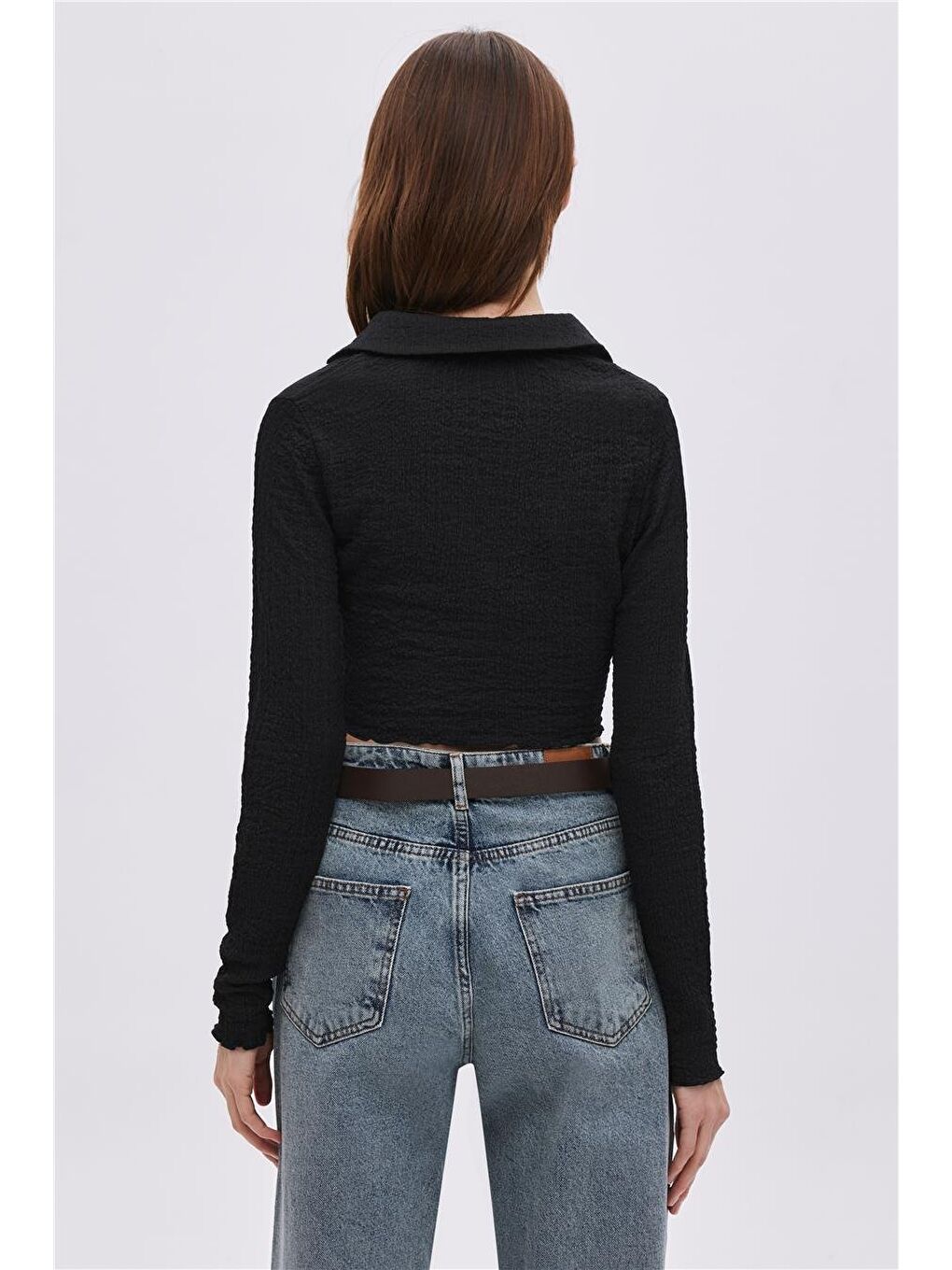 Siyah Asimetrik Kesim Crop Bluz-4