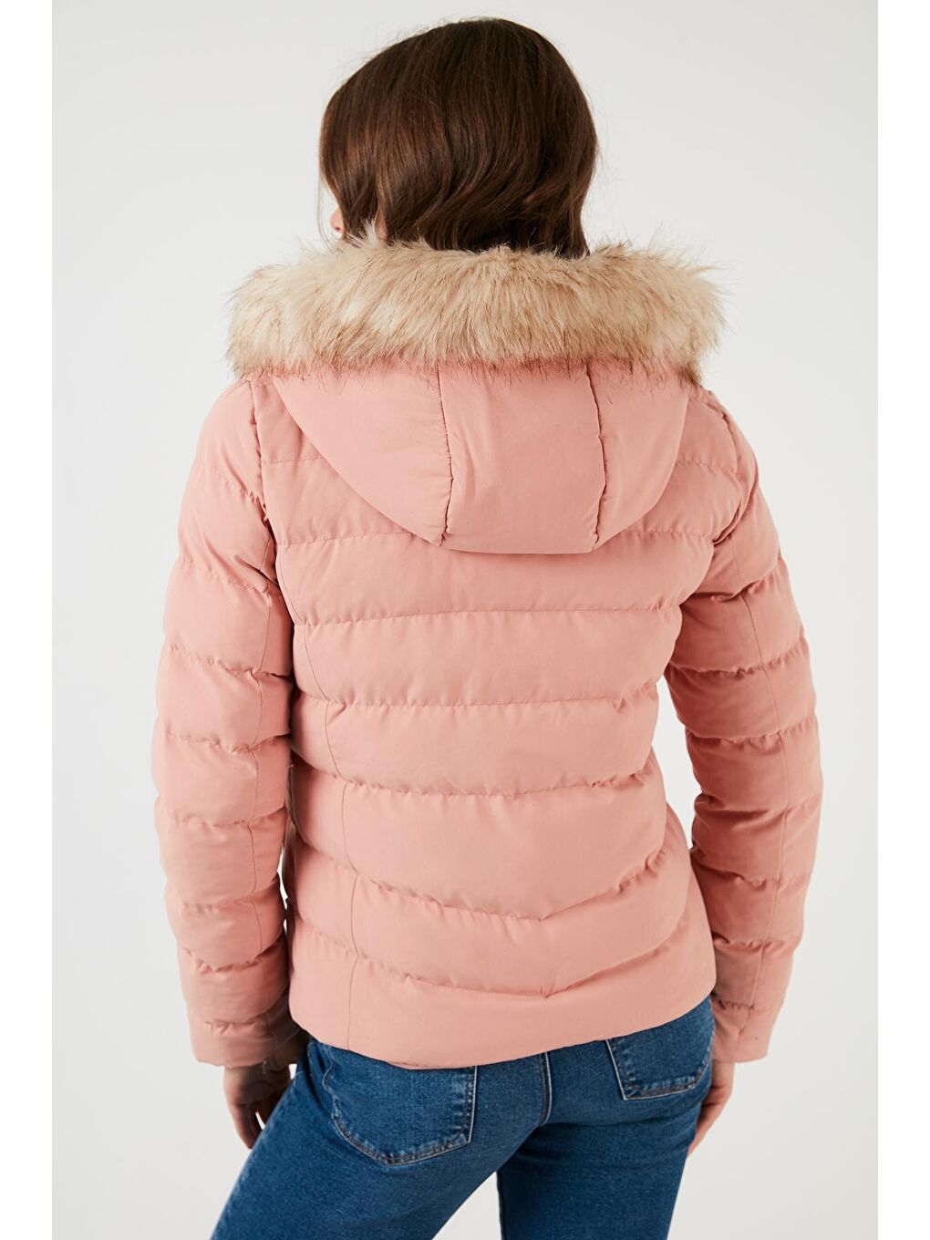 Pembe Tüylü Kapüşonlu Cepli Şişme Mont 497AURA-4