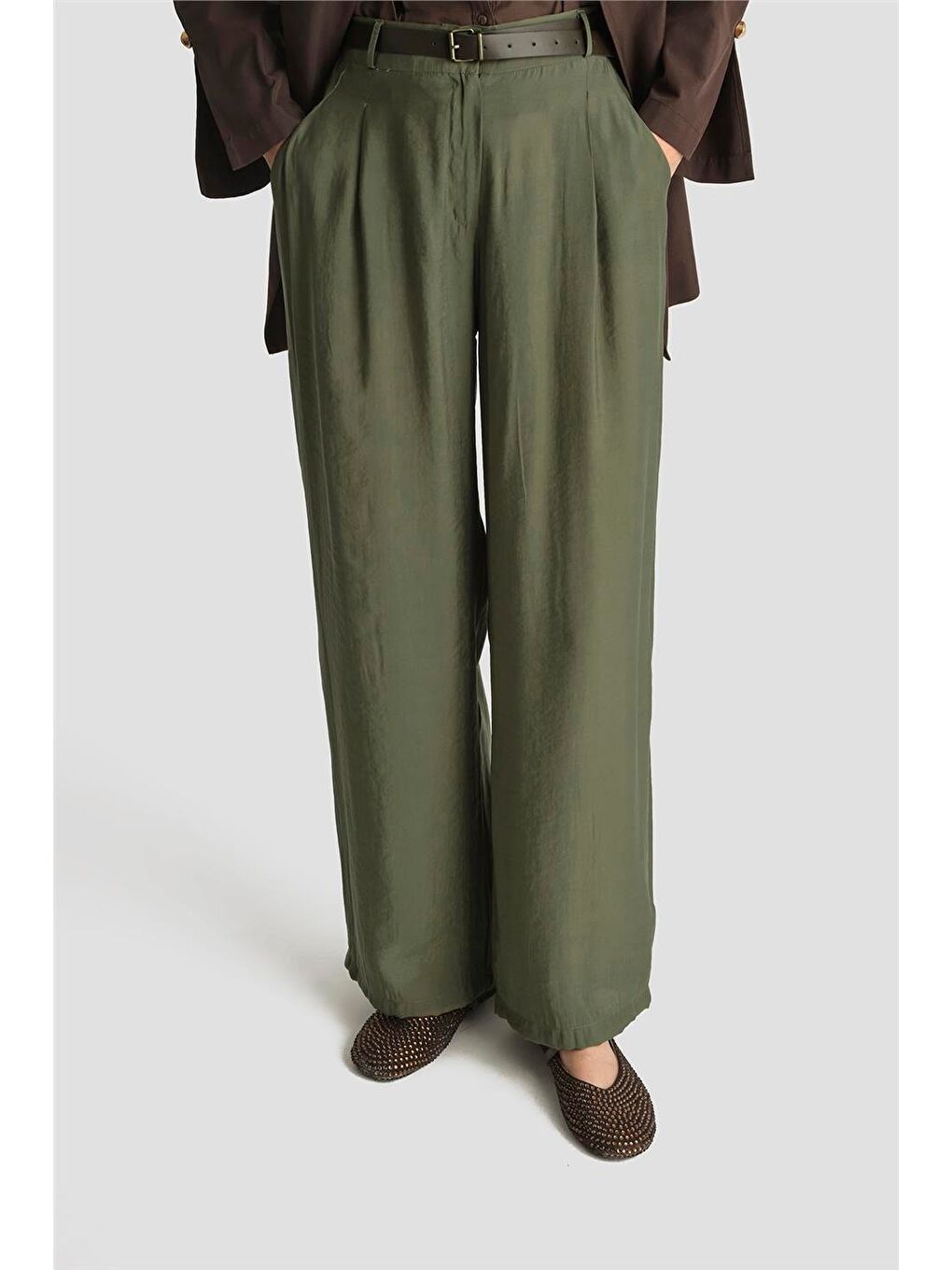 Kemerli Palazzo Lyocell Pantolon 25Y2810 Haki-2