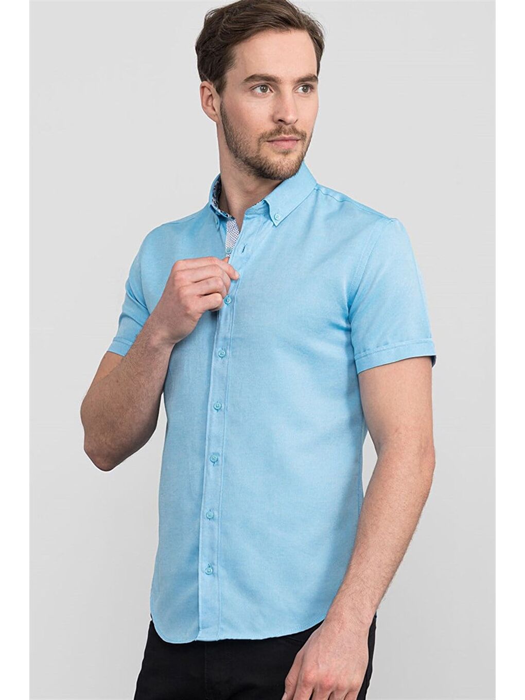 Slim Fit Kısa Kollu Poplin Oxford Erkek Mavi Gömlek-1