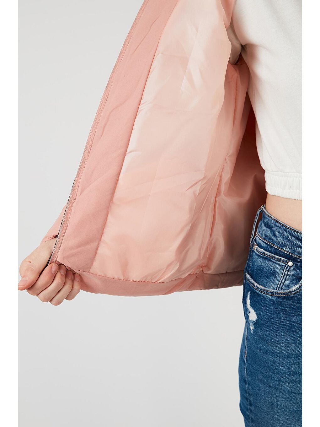 Pembe Tüylü Kapüşonlu Cepli Şişme Mont 497AURA-5