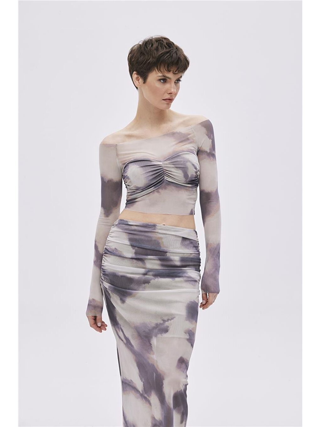 Bej Desenli Crop Tül Bluz-1