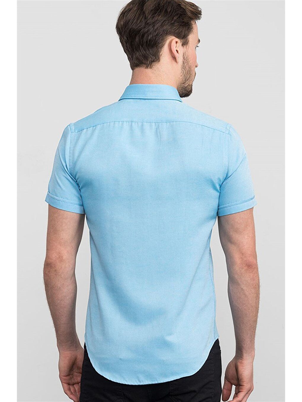 Slim Fit Kısa Kollu Poplin Oxford Erkek Mavi Gömlek-3