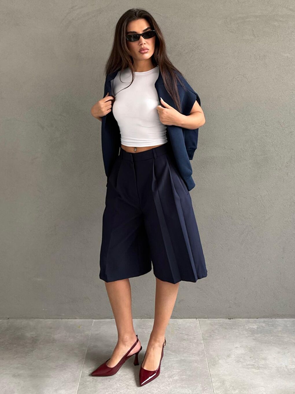 Lacivert Pileli Cepli Kadın Bermuda Mg2620-1