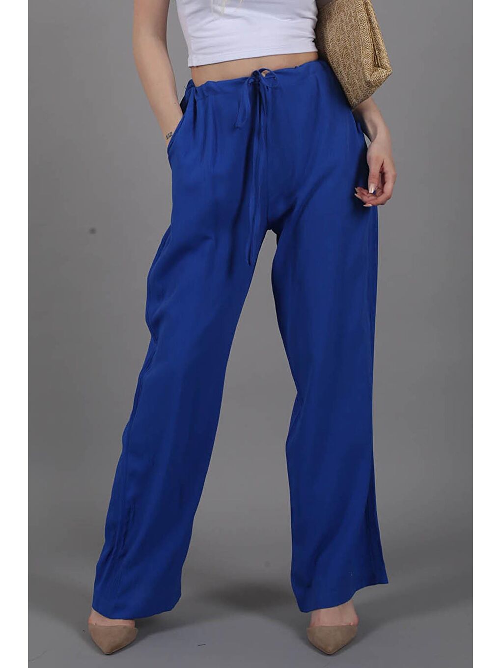 Mavi Saks Krinkıl Kumaş Basic Kadın Plaj Pantolon