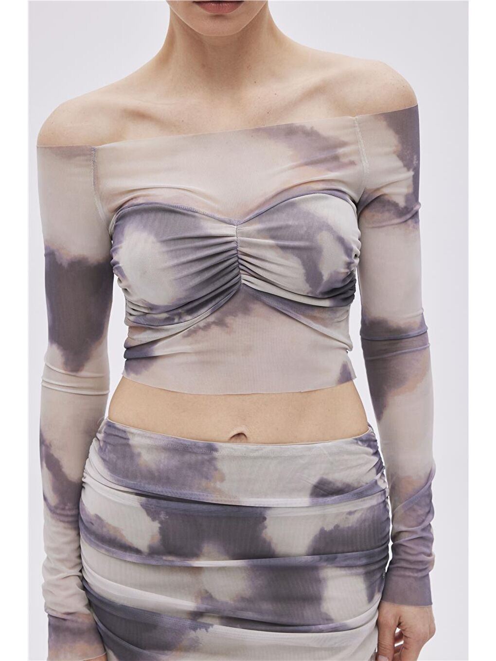 Bej Desenli Crop Tül Bluz-3