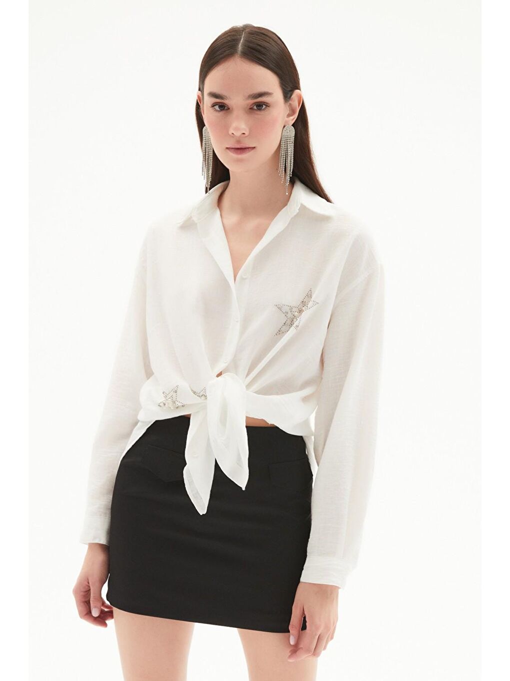 Ekru Yıldız Işlemeli Taş Detaylı Uzun Kollu Pamuk Gömlek-1