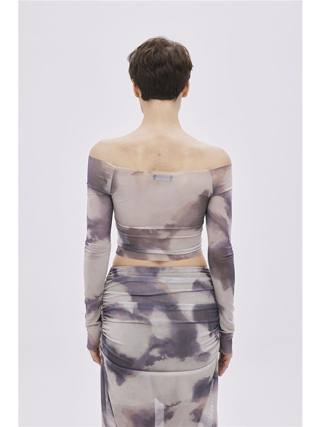 Bej Desenli Crop Tül Bluz-4