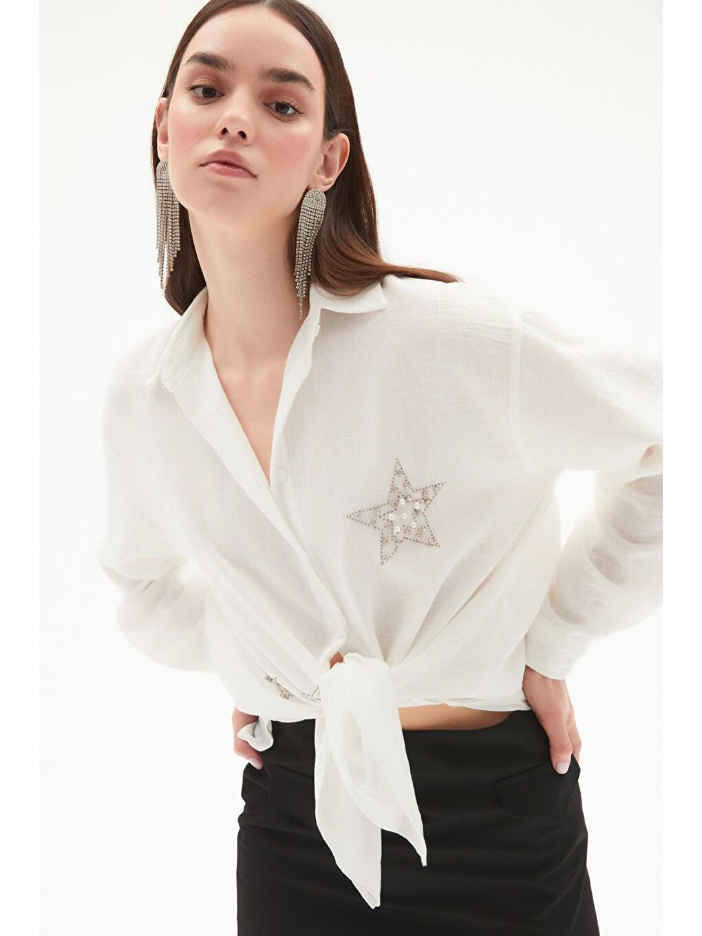 Ekru Yıldız Işlemeli Taş Detaylı Uzun Kollu Pamuk Gömlek-2