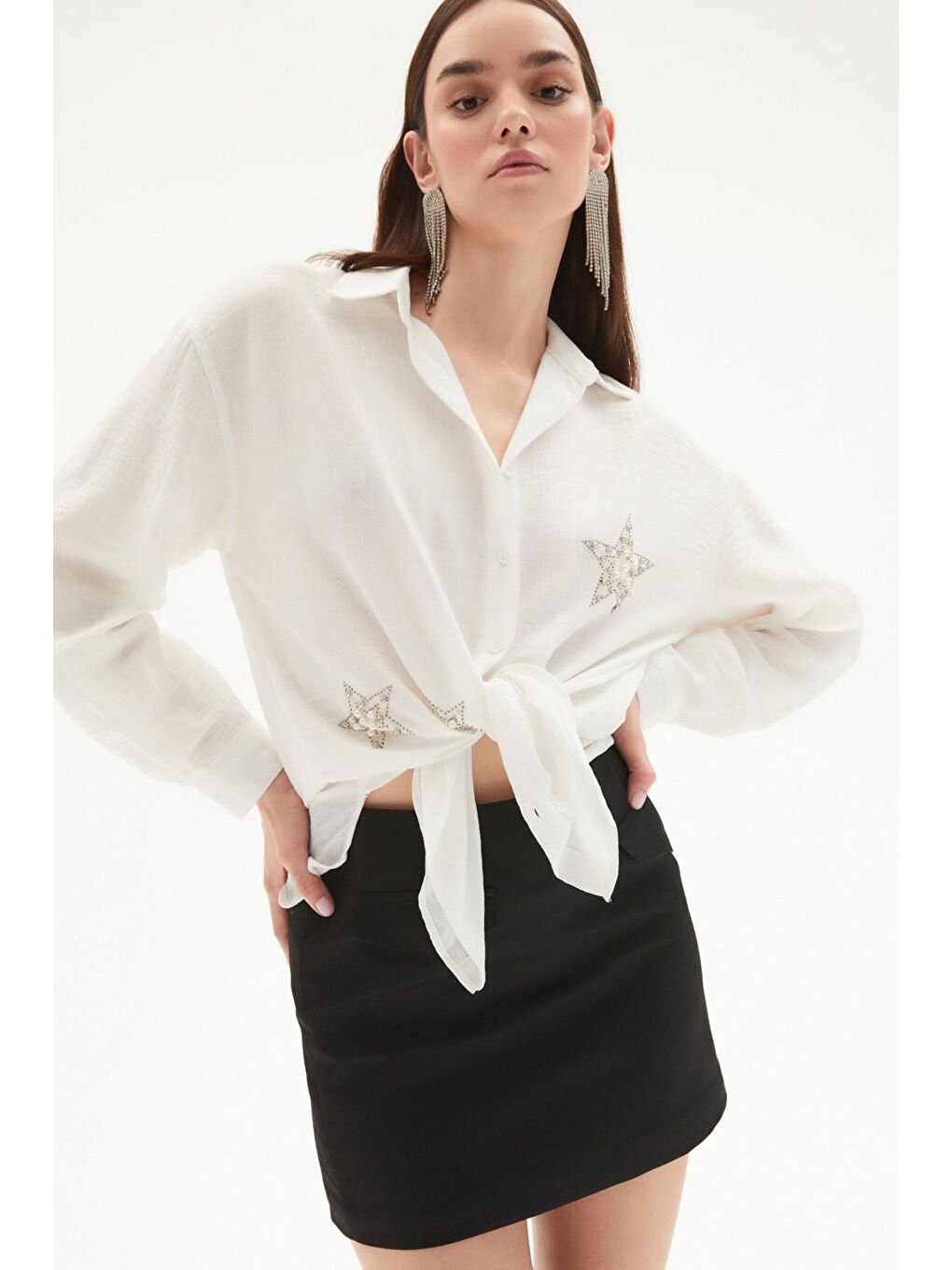 Ekru Yıldız Işlemeli Taş Detaylı Uzun Kollu Pamuk Gömlek-3