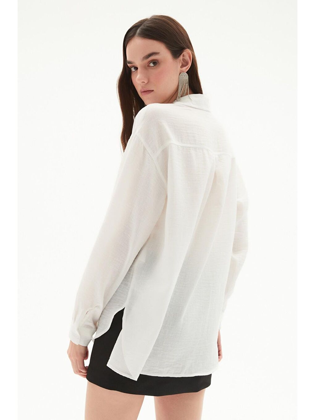 Ekru Yıldız Işlemeli Taş Detaylı Uzun Kollu Pamuk Gömlek-4