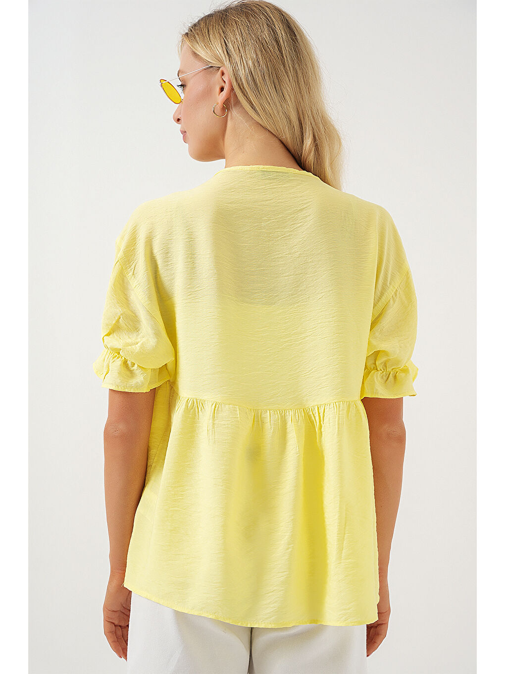 Kadın Önü Bağcıklı Kısa Kol Bluz 962 - Sarı-5