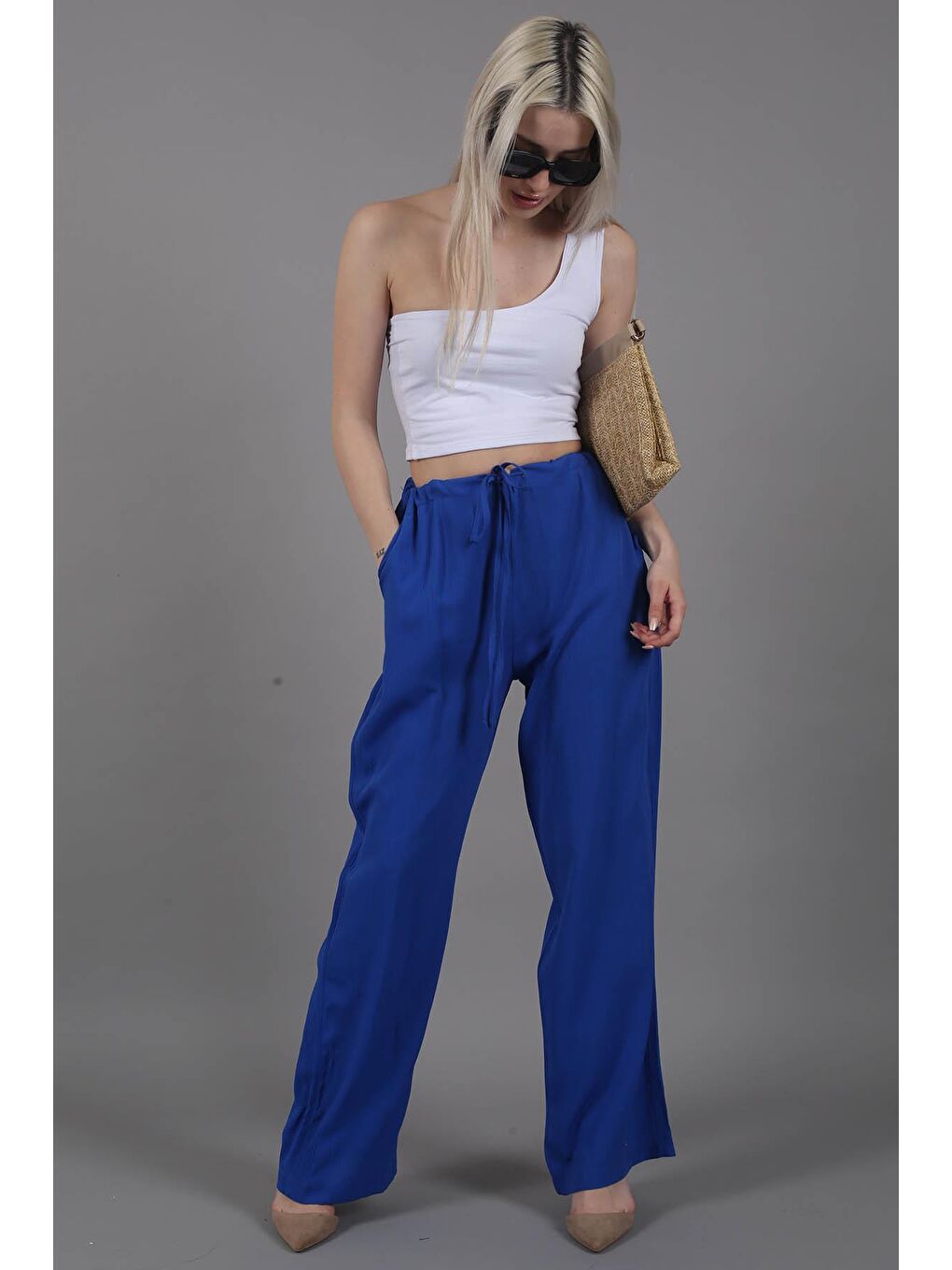 Mavi Saks Krinkıl Kumaş Basic Kadın Plaj Pantolon-1